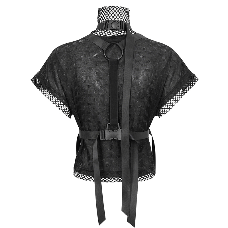 Grunge Batwing Short Sleeves Black Top with Buckle Strap / Women's Round Neck Mesh Loose Top