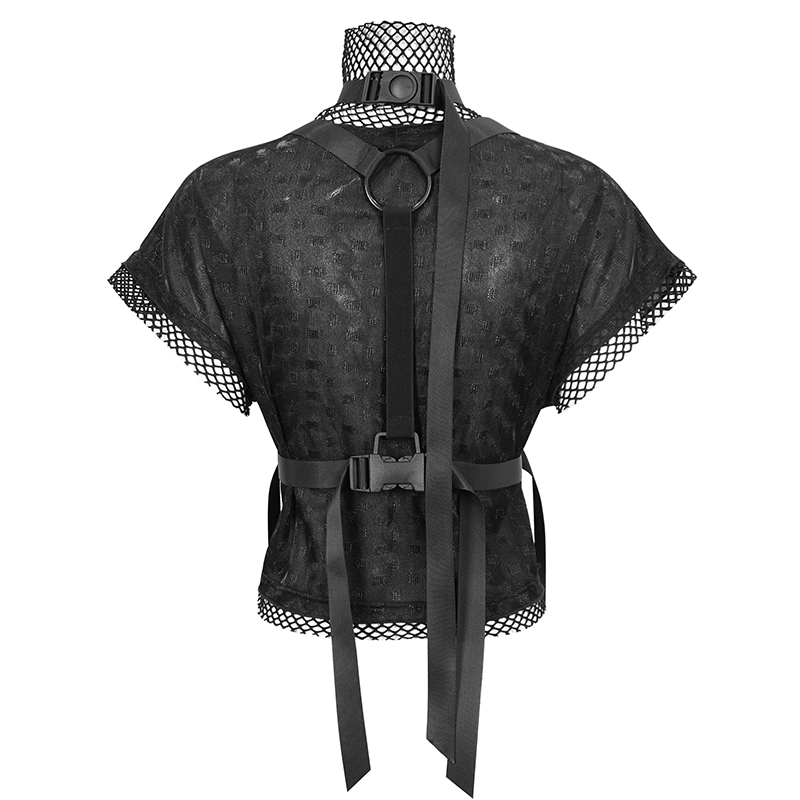 Back view of women's black grunge top with buckle straps and mesh fabric, showcasing loose fit and edgy style.
