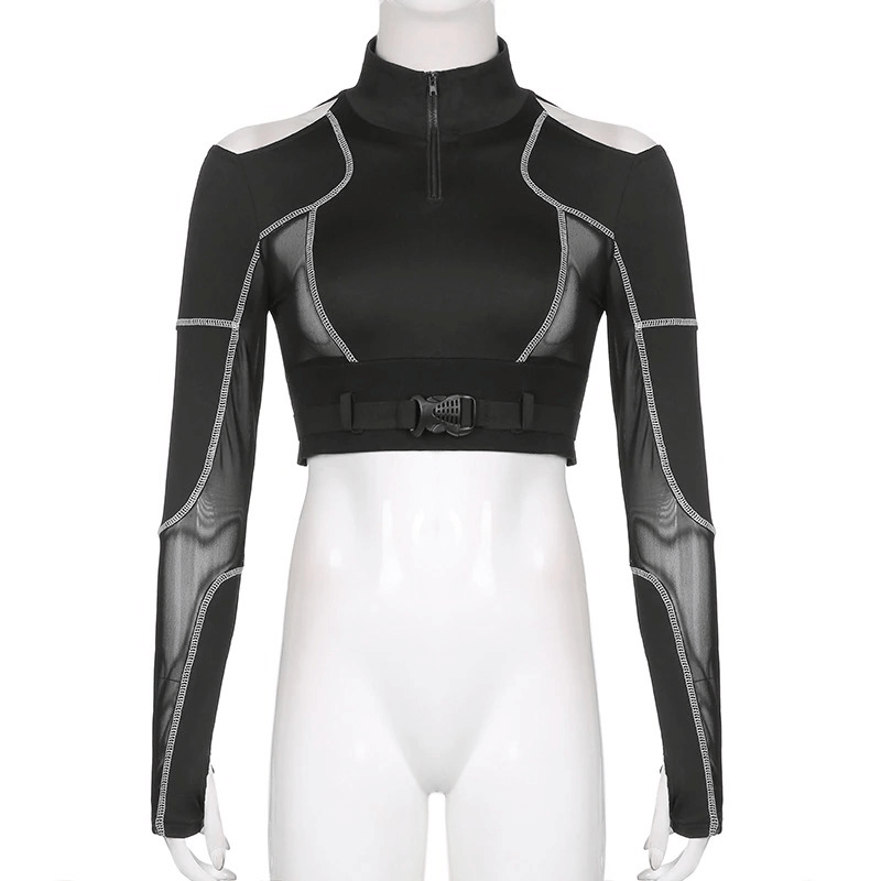 Stylish black cropped top with long mesh sleeves and a zip neck for a trendy athletic look.