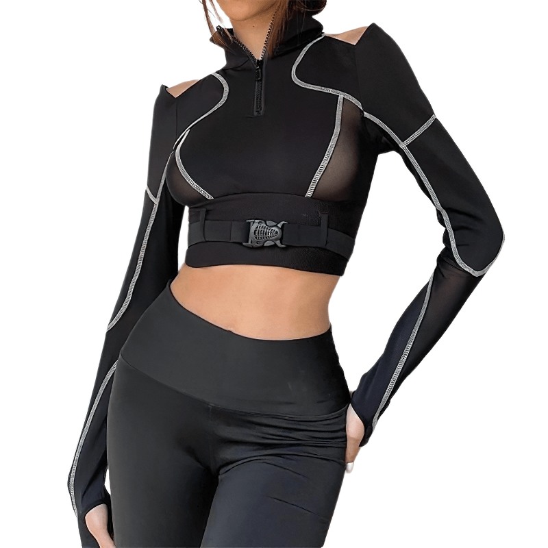 Women's sexy black open shoulder cropped top featuring a fashionable buckle for a grunge style look.