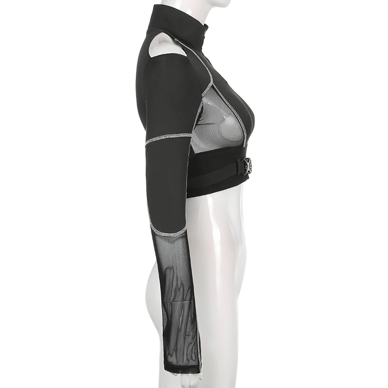 Side view of women's sexy black patchwork open shoulder top with mesh sleeves.