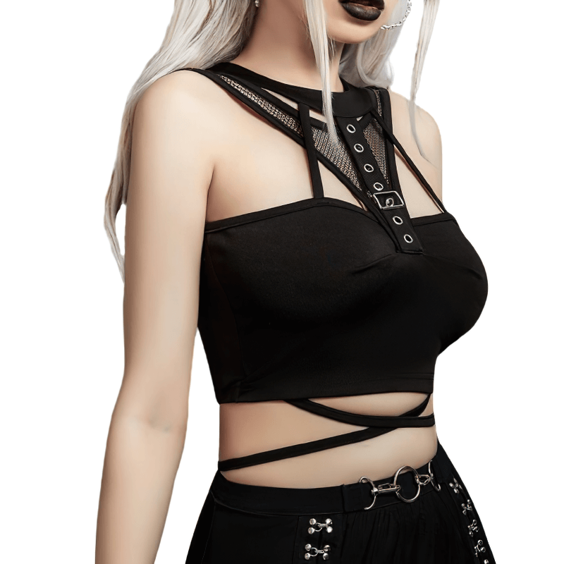 Grunge Female Fishnet Tank Tops with Buckle / Sexy Black Sleeveless Crop Tops for Women - HARD'N'HEAVY