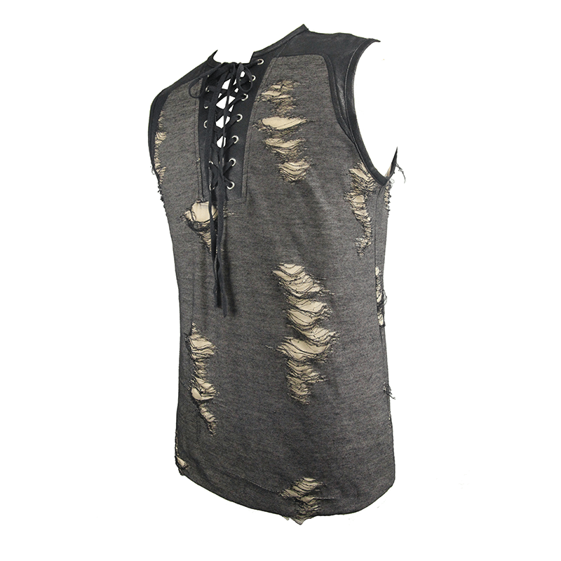 Men's grunge style irregular tank top with distressed holes and crisscross lacing at neckline.