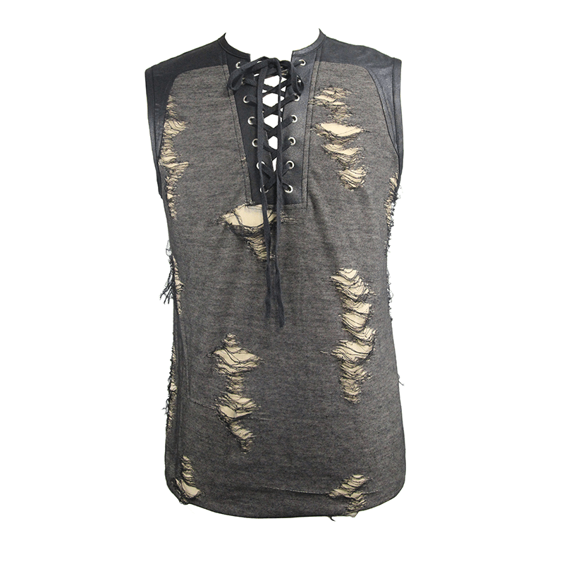 Men's grunge-style tank top featuring irregular cut and crisscross lacing detail in distressed grey fabric.