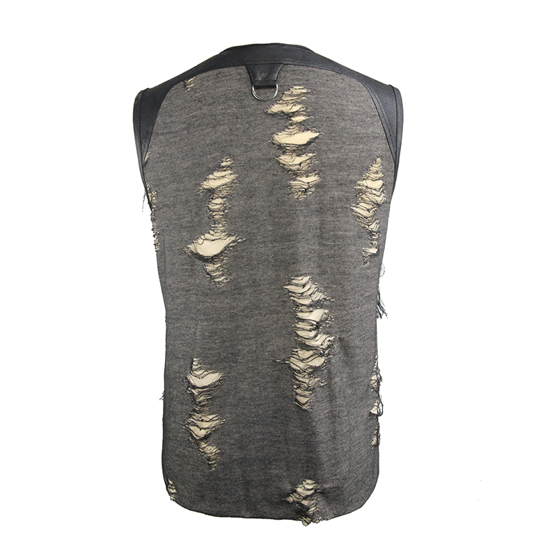 Back view of men's grunge irregular hole tank top showcasing distressed fabric and unique style.