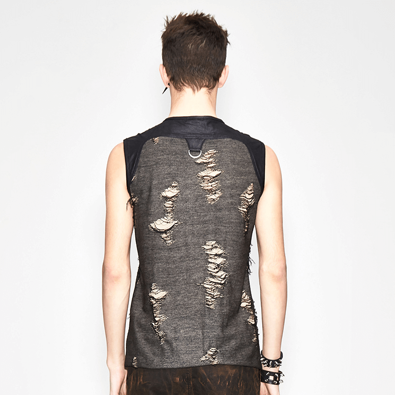 Back view of a men's grunge irregular tank top featuring distressed fabric and crisscross lacing detail.