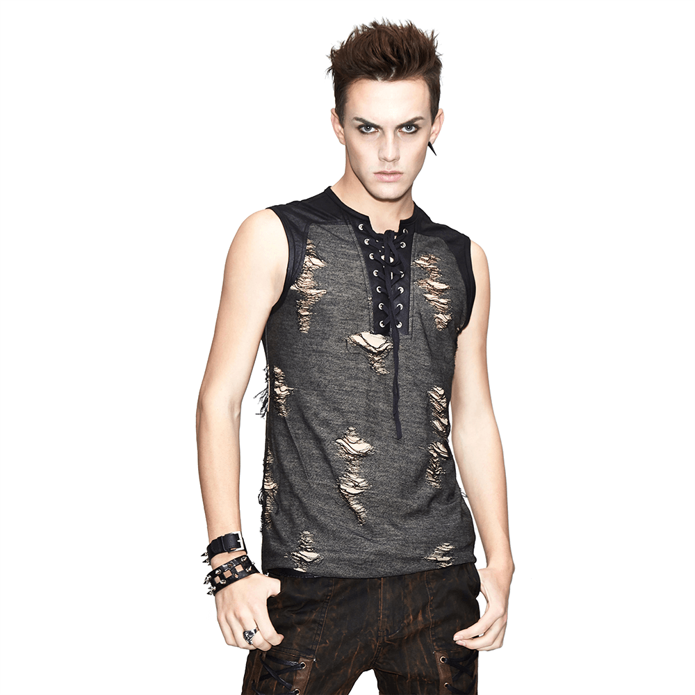 Men's grunge tank top with irregular cut and crisscross lacing, showcasing a stylish distressed look.