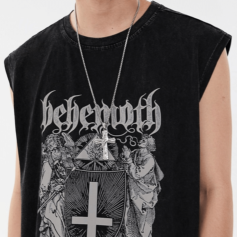Grunge style sleeveless graphic tank top with bold Behemoth design, perfect for casual wear.