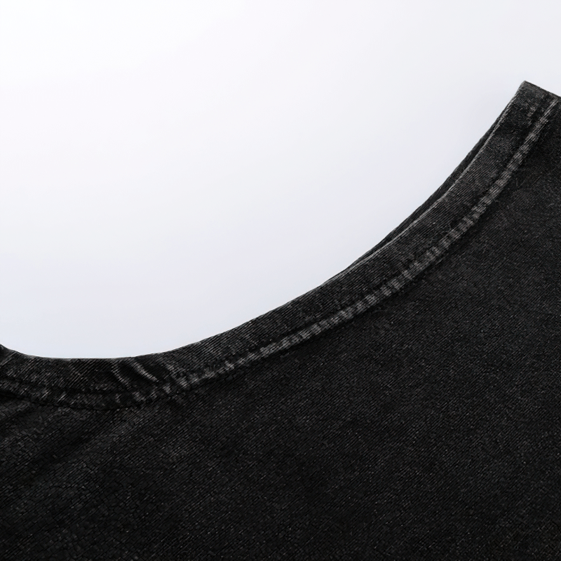 Close-up of the neck area of a black grunge style sleeveless tank top showcasing quality cotton fabric.