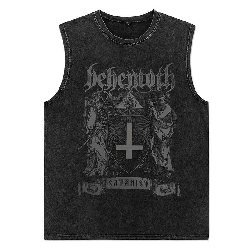 Grunge sleeveless tank top featuring bold Behemoth graphic design for a stylish, edgy look.