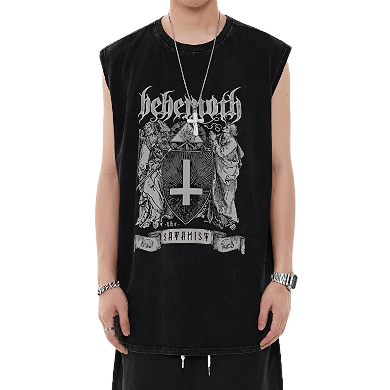Grunge sleeveless tank top with black graphic design featuring a unique emblem and stylish oversized fit.