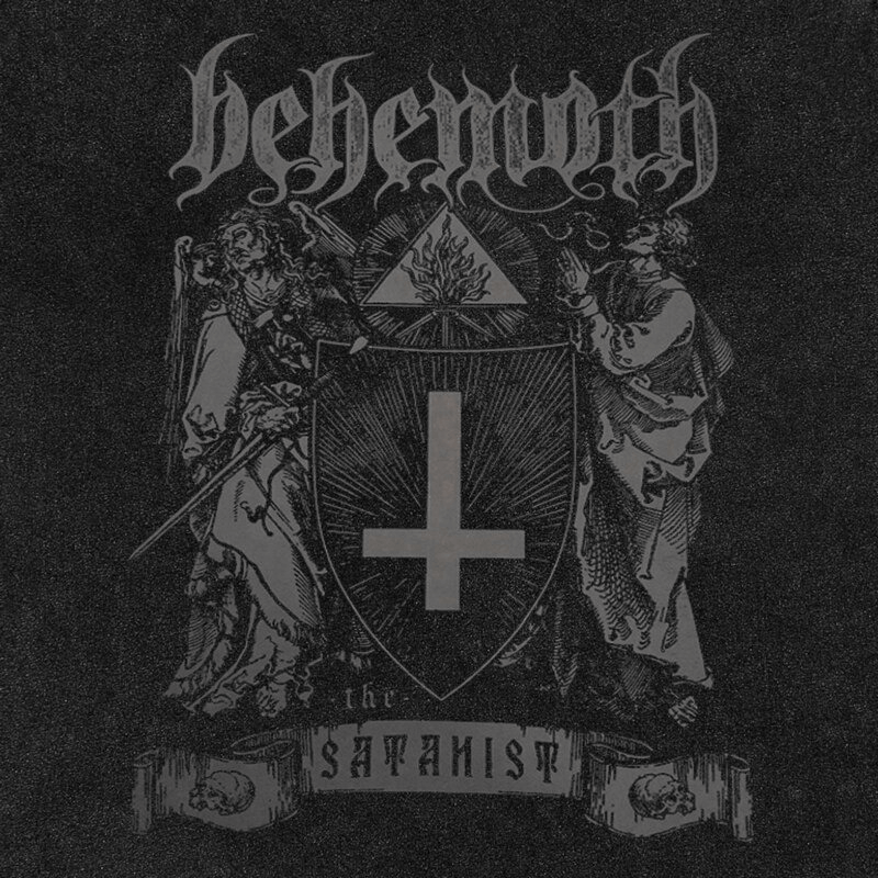 Behemoth 'The Satanist' album artwork featuring a dark grunge design with symbolic elements.