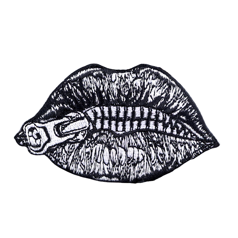 Grunge zipped lips patch, unisex gothic accessory for clothes, stylish design, high-quality material.