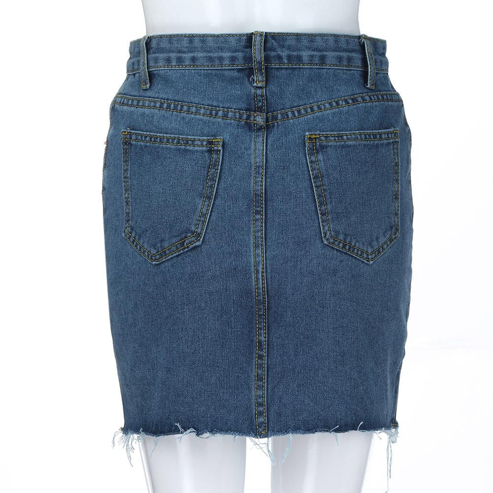 Back view of a stylish grunge high waist blue denim mini skirt with pockets, perfect for trendy outfits.