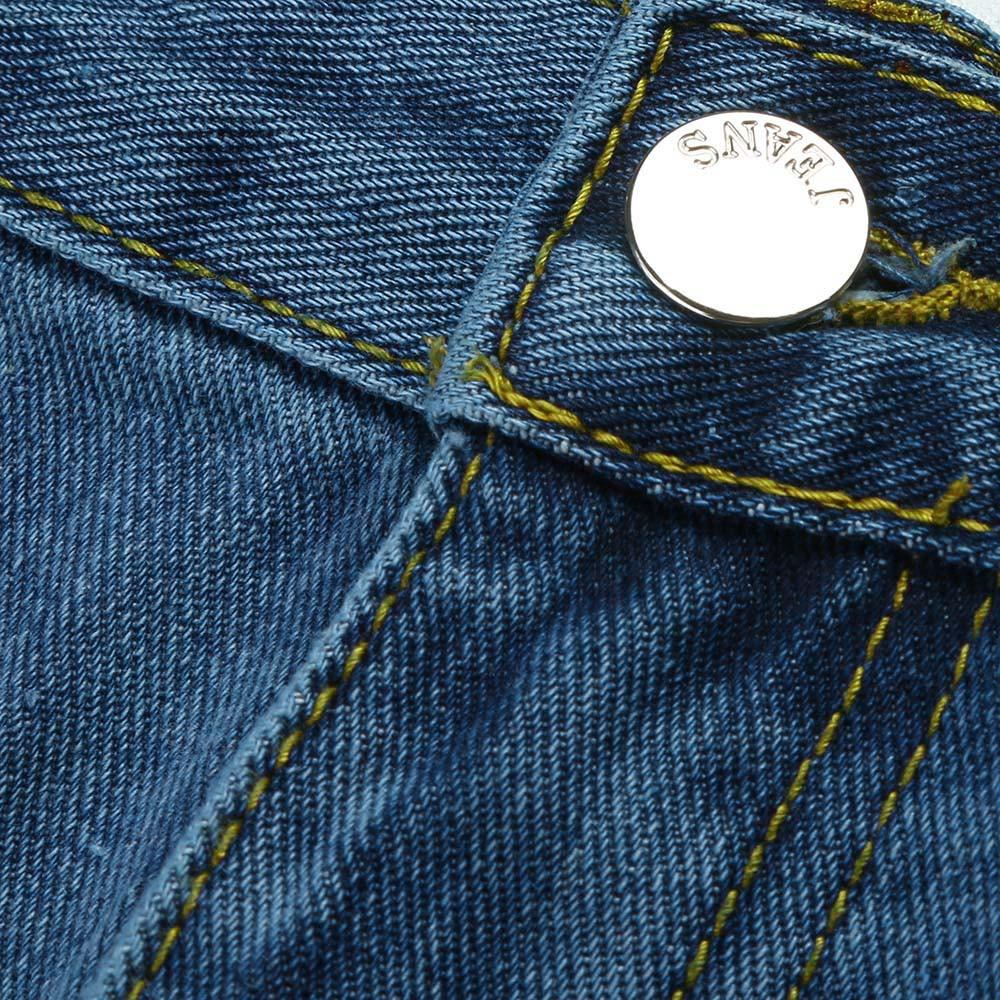 Close-up of a denim texture featuring a silver button and yellow stitching on a high-waisted mini skirt.