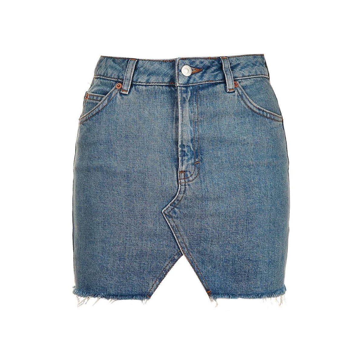 Grunge style high waist A-line mini skirt in blue denim with hollow cut and frayed hem, perfect for a trendy outfit.