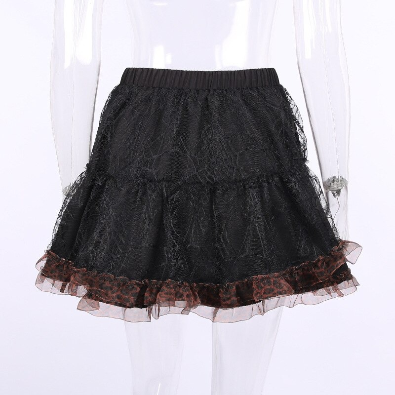 Grunge Style Lace Mesh Skirt for Women / Gothic Hight Waist Skirt with Leopard Ruffle With Chain - HARD'N'HEAVY