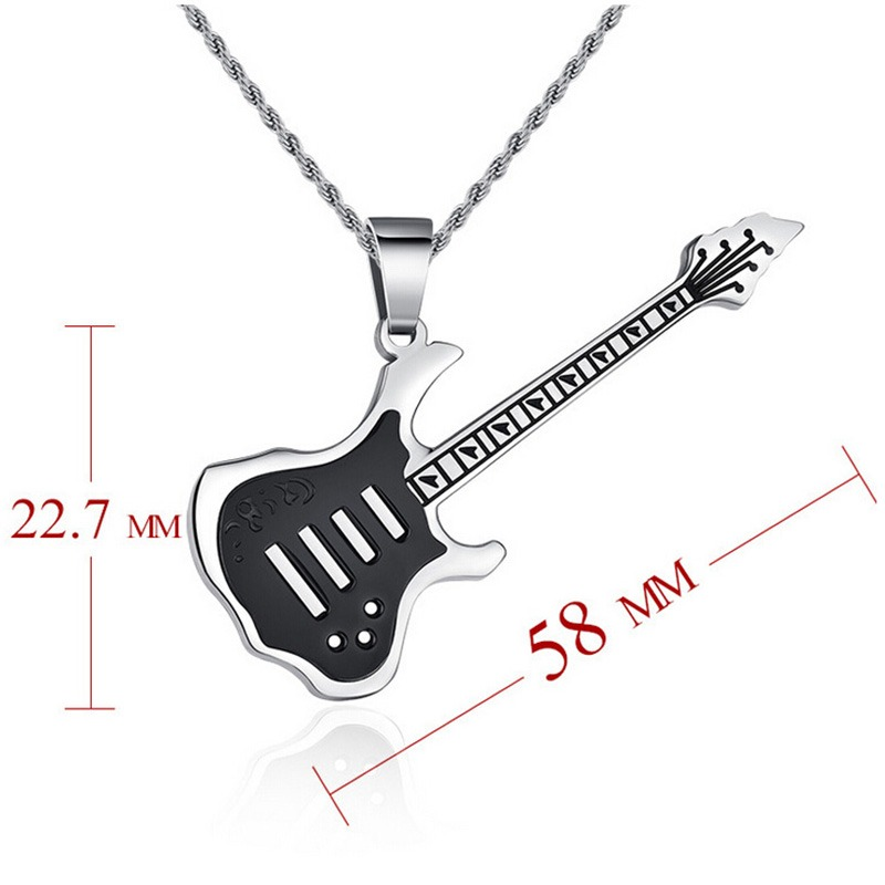 Guitar shape stainless steel pendant necklace with black details, perfect punk jewelry for rock concert enthusiasts.