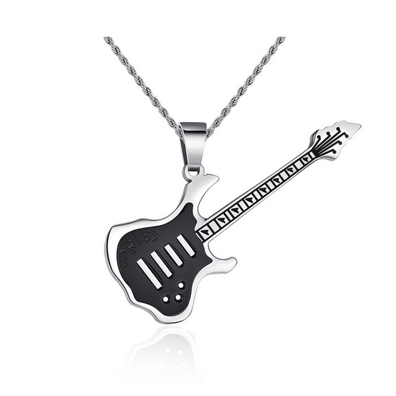 Guitar shape stainless steel pendant necklace, perfect punk accessory for rock concerts.