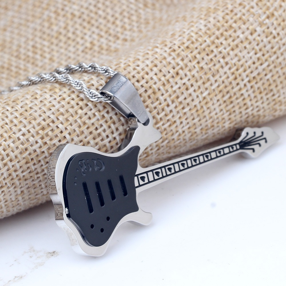 Stainless steel guitar pendant necklace with black details, perfect for rock enthusiasts and punk jewelry lovers.