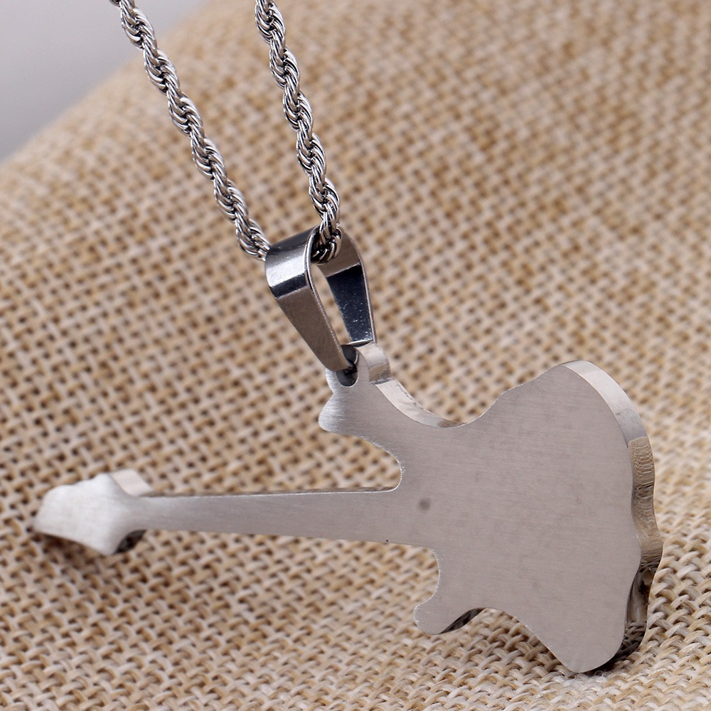 Guitar shape stainless steel pendant necklace, perfect punk rock accessory for any music lover.