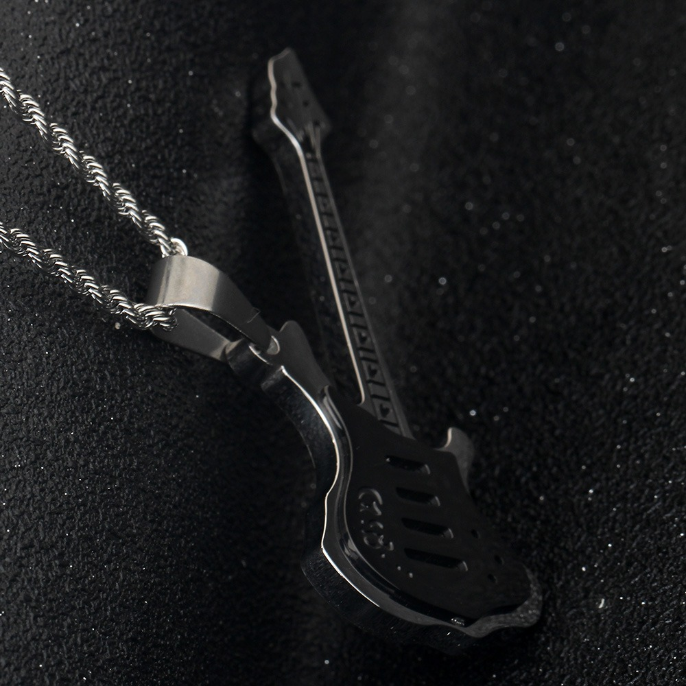 Guitar shape stainless steel pendant necklace, cool punk jewelry for rock enthusiasts, featuring black details.