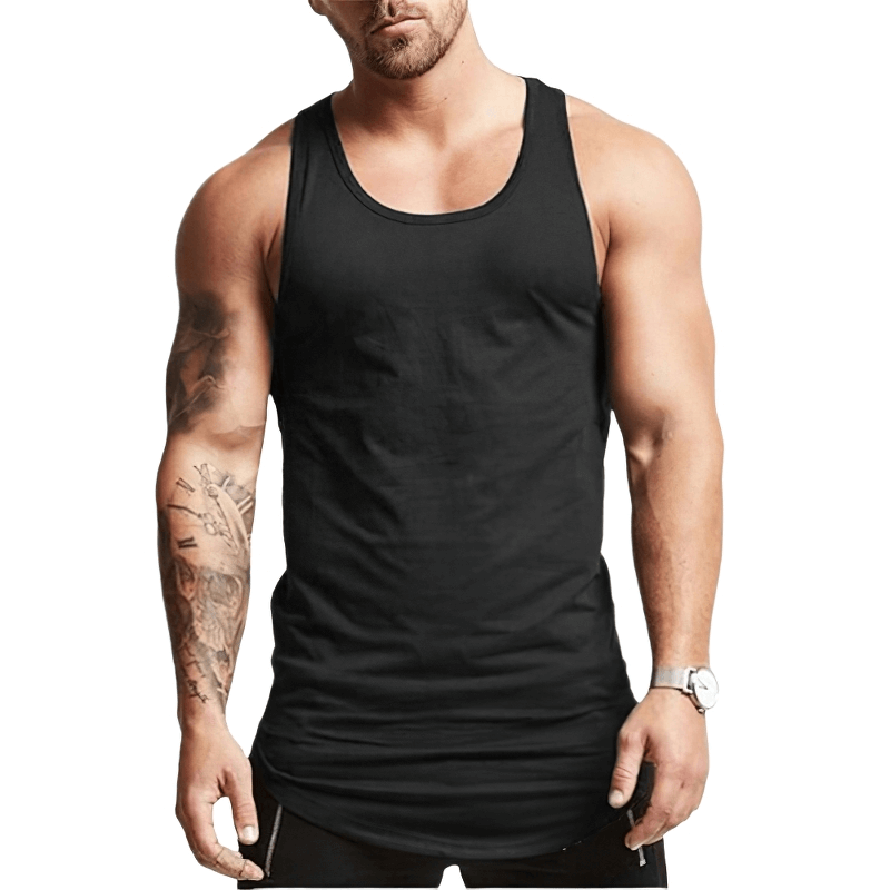 Men's black bodybuilding tank top showcasing a modern design, perfect for workouts and casual sporty looks.