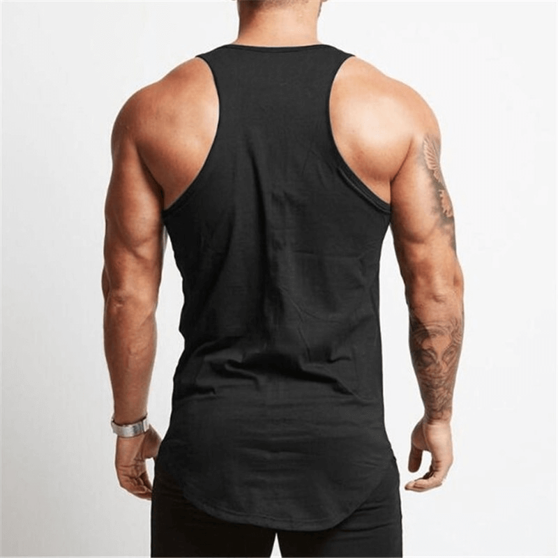 Stylish men's black bodybuilding tank top showcasing a muscular back for comfortable workouts.