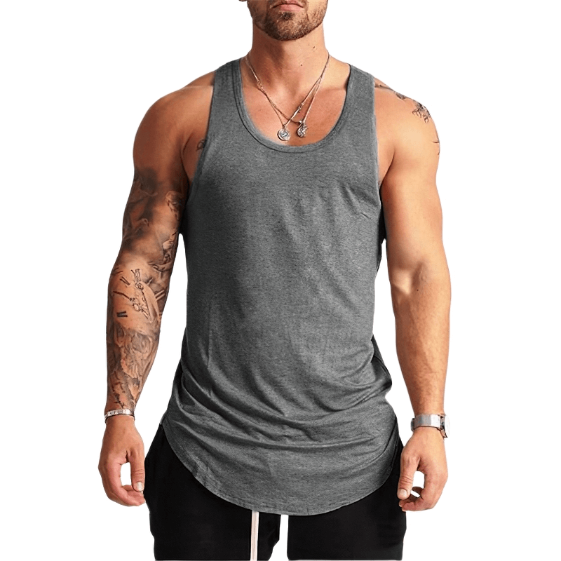 Men’s gray bodybuilding tank top, perfect for workouts and stylish sports attire.