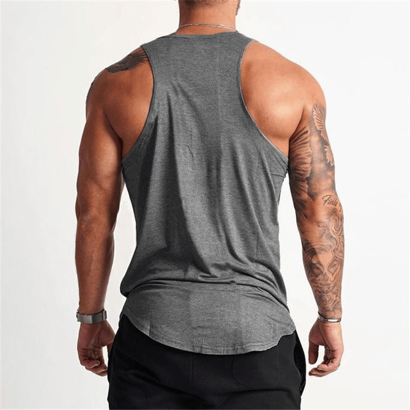 Men's gym workout tank top showcasing a sporty back design, perfect for bodybuilding and comfortable sportswear.