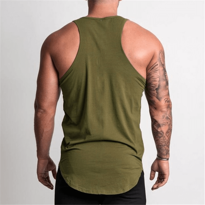 Back view of a men's olive green bodybuilding tank top showcasing its comfy and stylish design for workouts.