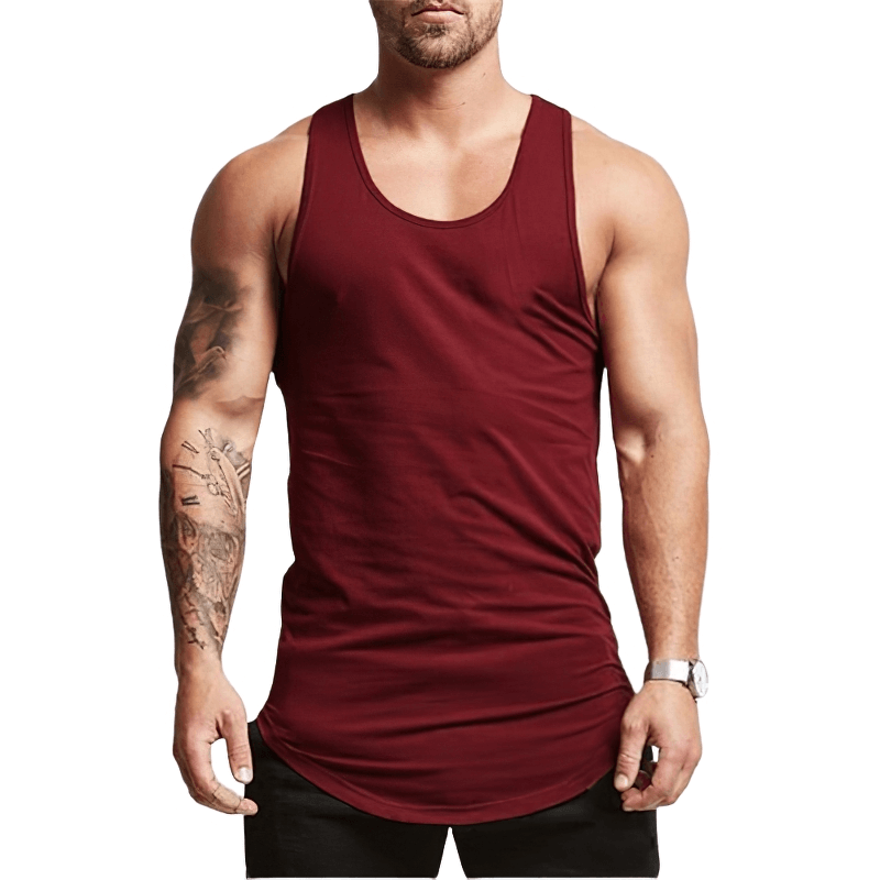 Comfy men's bodybuilding tank top in burgundy, perfect for gym workouts and stylish sportswear.