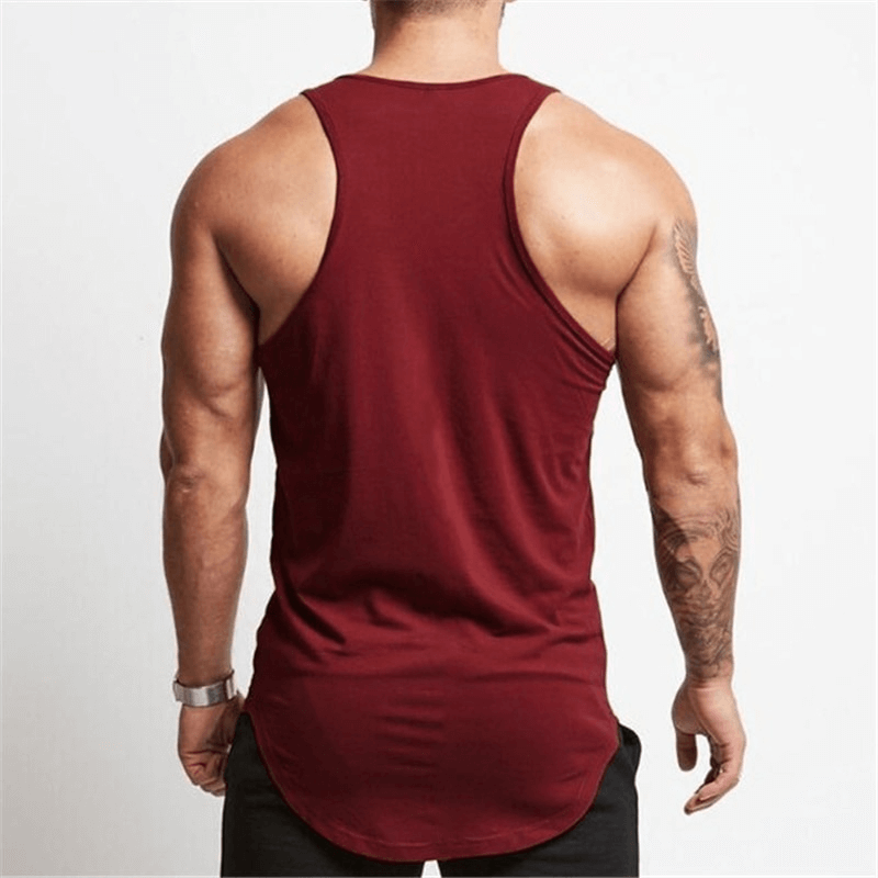 Men's bodybuilding tank top in burgundy, showcasing a comfortable fit and modern design from the back.