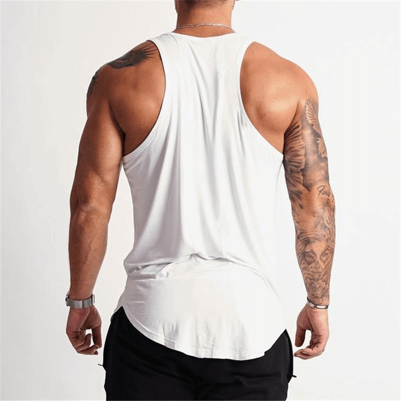 Men's bodybuilding tank top in white showcasing comfort and style, perfect for workouts and sports outfits.