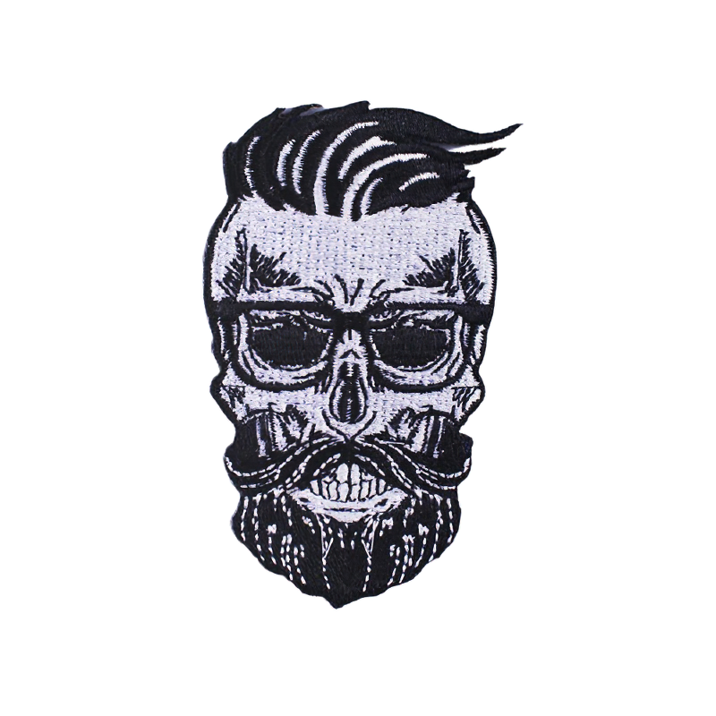 Hairy skull patch with beard and mustache, a stylish gothic accessory for clothing and jackets.