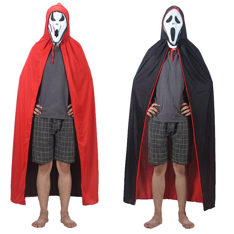 Halloween vampire cape in red and black, worn with a ghostly mask, perfect for spooky celebrations.
