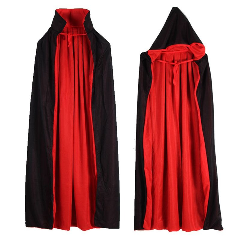 Red and black Halloween vampire cape with hood, perfect for costumes and celebrations.