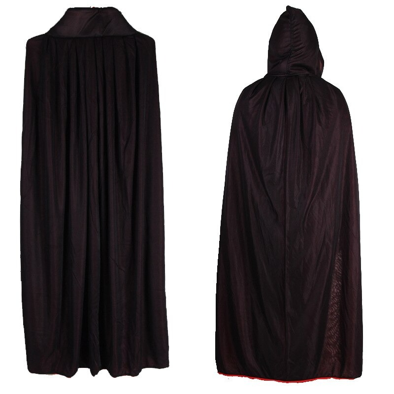 Vampire cape in black and red colors with hood, perfect for Halloween costume parties and celebrations.