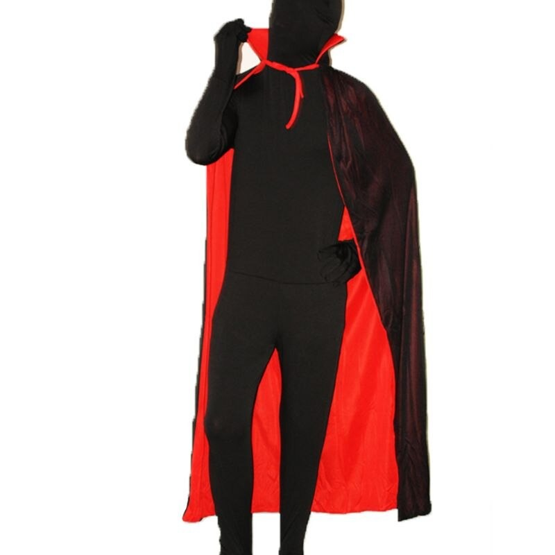 Vampire cape in red and black colors, perfect for Halloween costumes, featuring a stand-up cloak collar and hood.