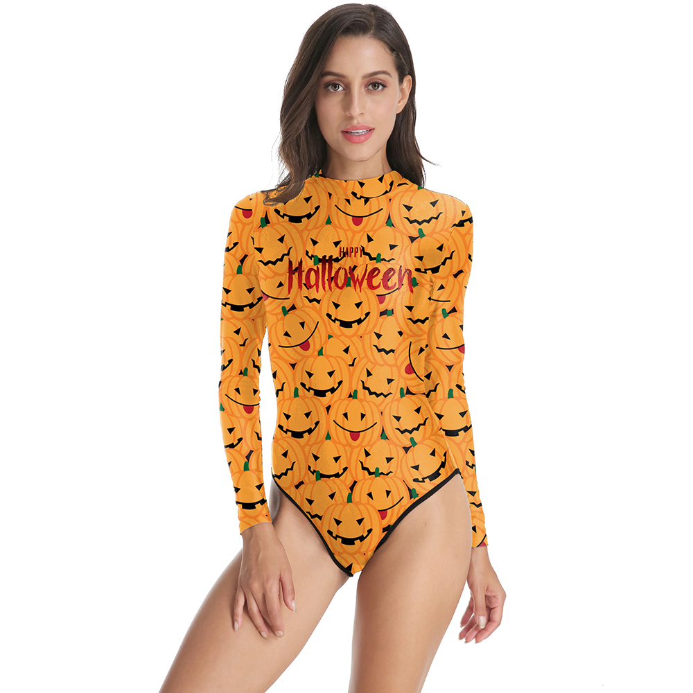 Halloween women's one-piece swimsuit in vibrant pumpkin print, featuring long sleeves for a stylish holiday look.
