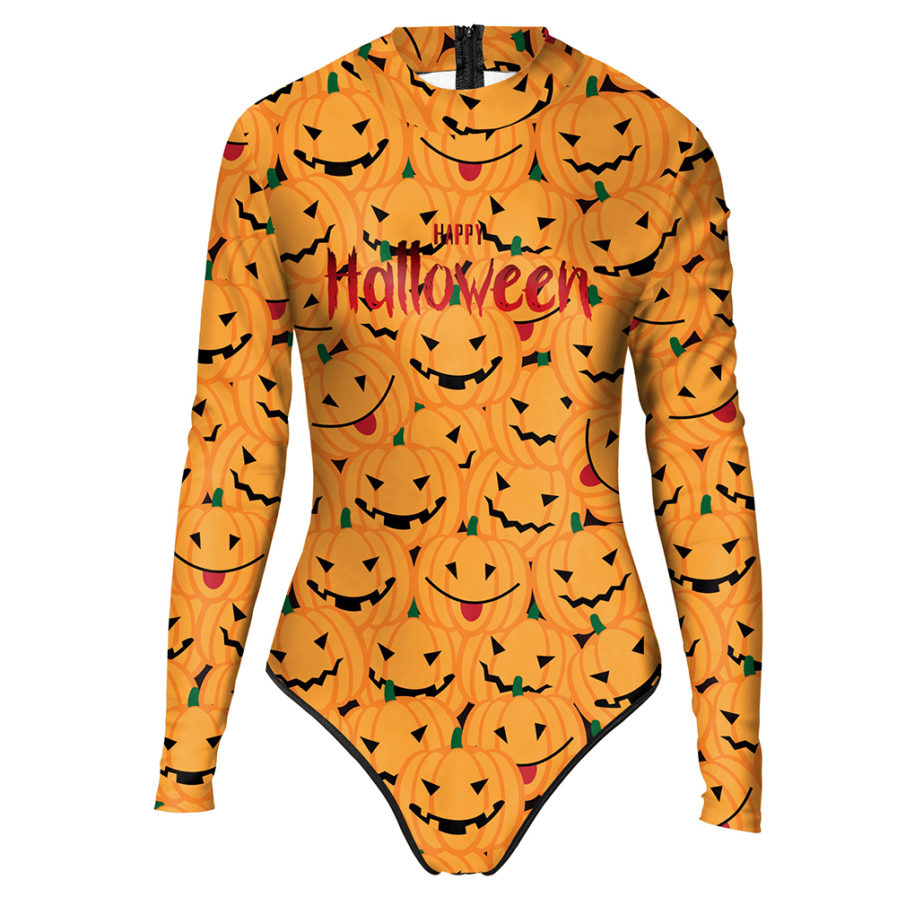 Halloween Women's One-Piece Swimsuit with Pumpkin Print / Sexy Slim Long Sleeve Swimwear - HARD'N'HEAVY
