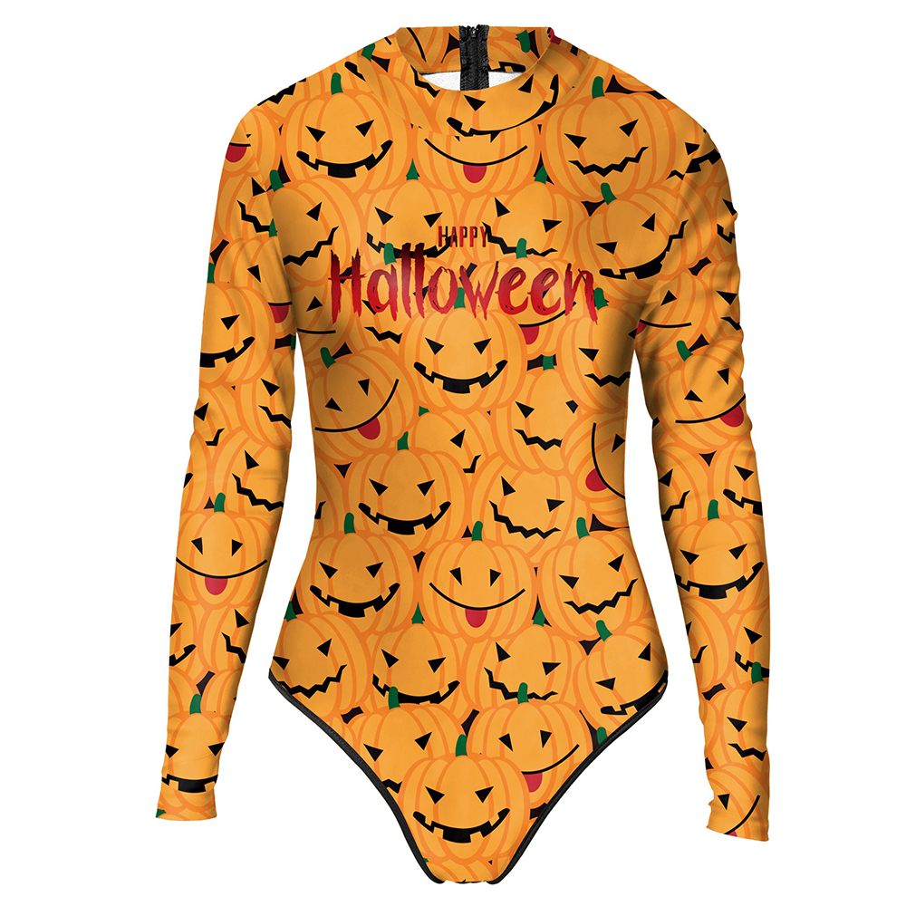 Halloween women's one-piece swimsuit with pumpkin print and long sleeves, perfect for stylish holiday celebrations.