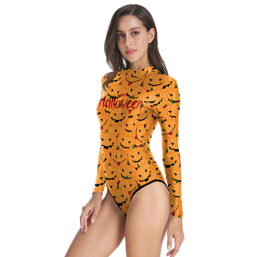 Halloween women's one-piece swimsuit with pumpkin print and long sleeves, perfect for stylish beach fun.