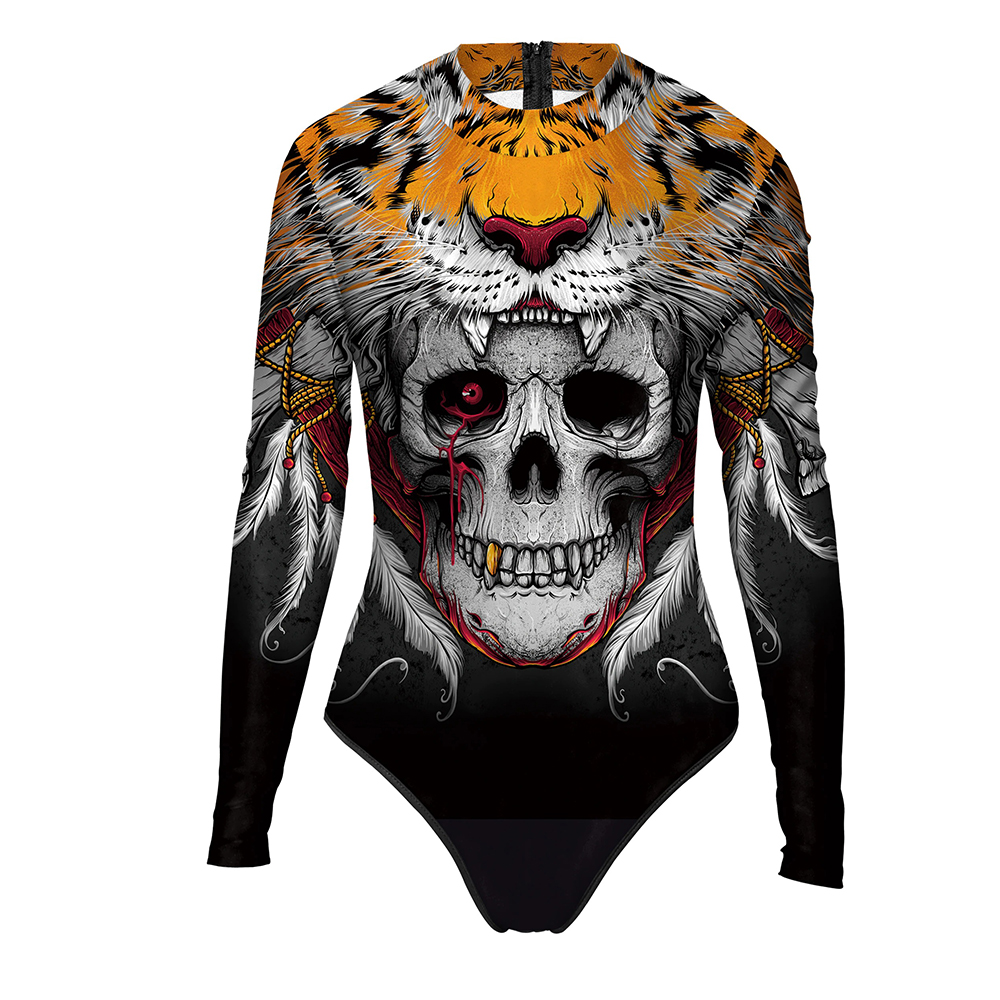 Halloween women's one-piece swimsuit featuring a skull and tiger print with long sleeves for stylish summer wear.