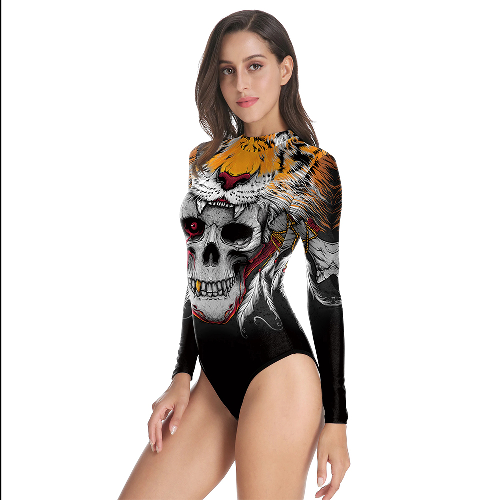 Halloween women's one-piece swimsuit featuring a striking skull and tiger print, perfect for stylish summer fun.
