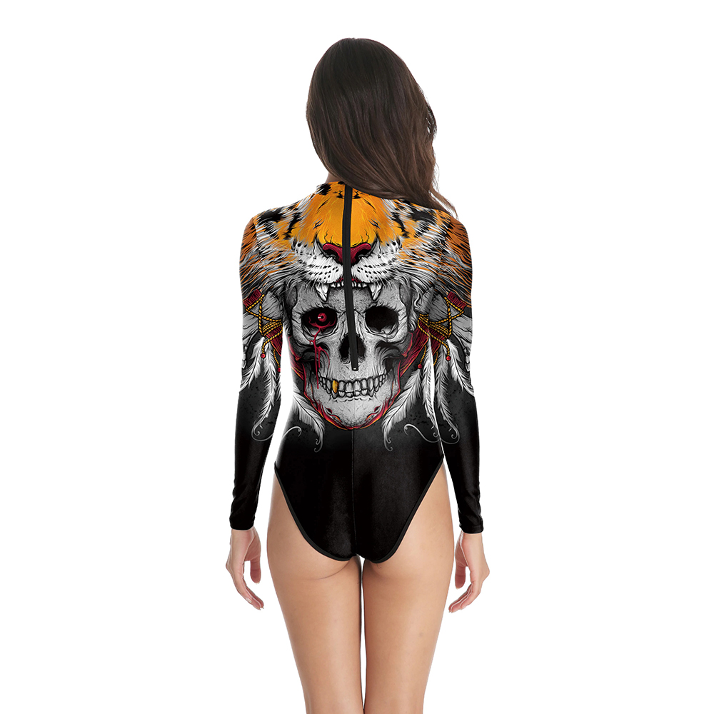 Halloween Women's One-Piece Swimsuit with Skull Print / Sexy Slim Long Sleeve Swimwear - HARD'N'HEAVY