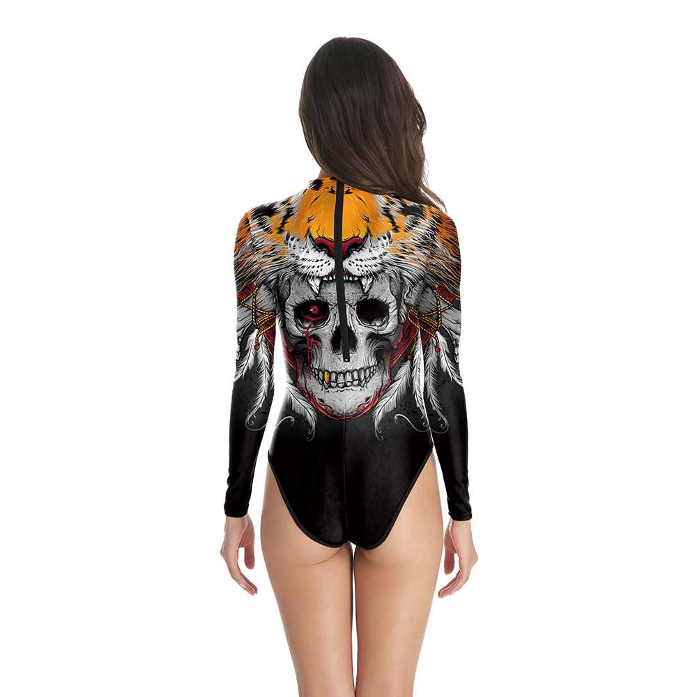 Back view of a Halloween women's long sleeve swimsuit with vibrant skull and tiger print design.