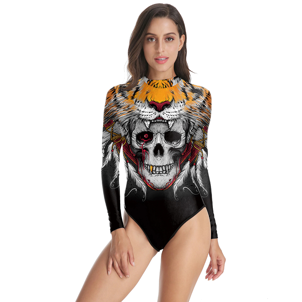 Stylish women's one-piece swimsuit featuring a striking skull and tiger print, perfect for Halloween celebrations.