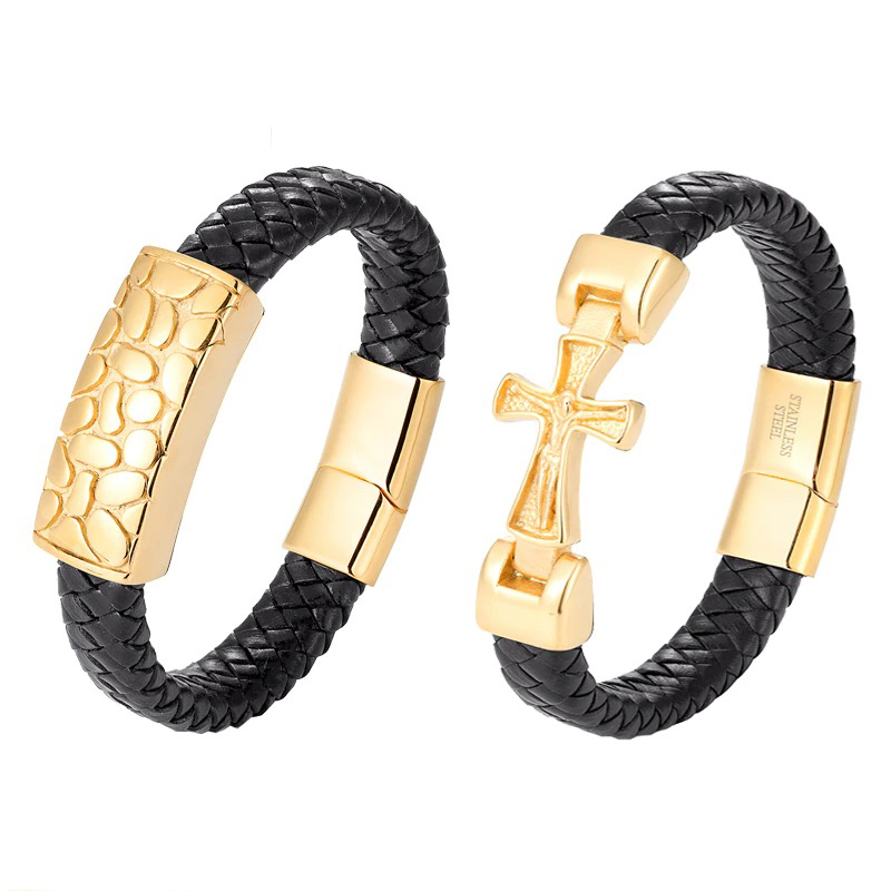 Handmade Genuine Leather Bracelet With Cross in Punk Style / Luxury Magnetic Clasp Bangles - HARD'N'HEAVY