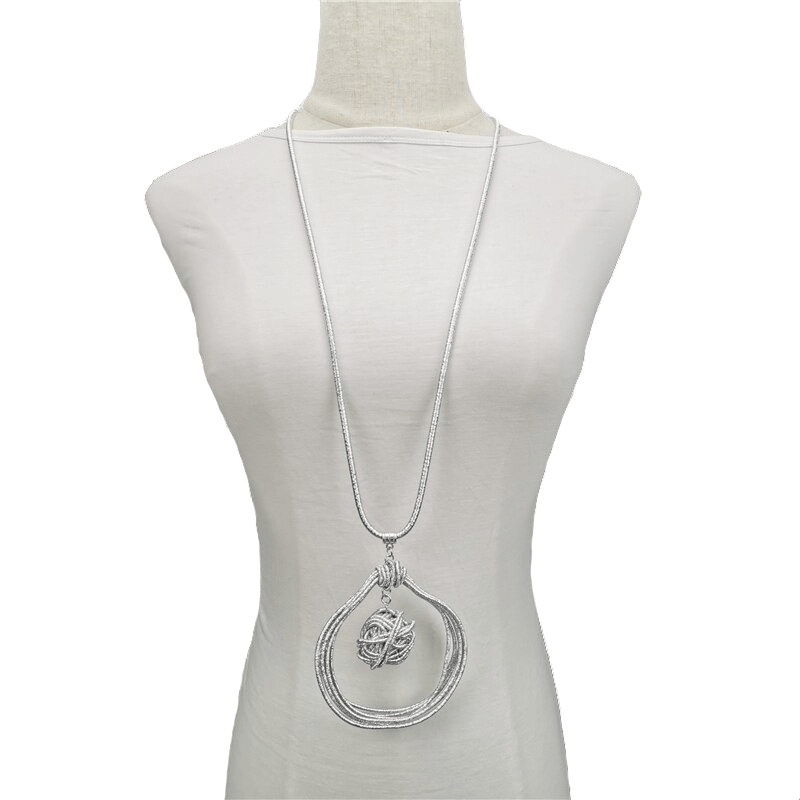 Handmade silver metal necklace with round pendants displayed on a mannequin, perfect for punk style outfits.